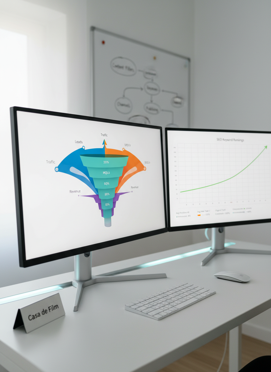 A dual-monitor setup on a minimalist white desk, one screen showing a colorful marketing funnel analytics dashboard, the other displaying an SEO keyword ranking chart rising steadily. A small, tasteful “Casa de Film” logo plaque rests near a wireless keyboard and mouse. In the background, a blurred whiteboard with neatly drawn content strategy diagrams adds context without distraction. Cool, even LED desk lighting mixes with faint daylight from a side window, producing a neutral, high-clarity environment. Shot from a three-quarter angle with moderate depth of field, the photographic image feels analytical yet optimistic, communicating measurable growth in traffic, leads, and revenue through digital marketing.