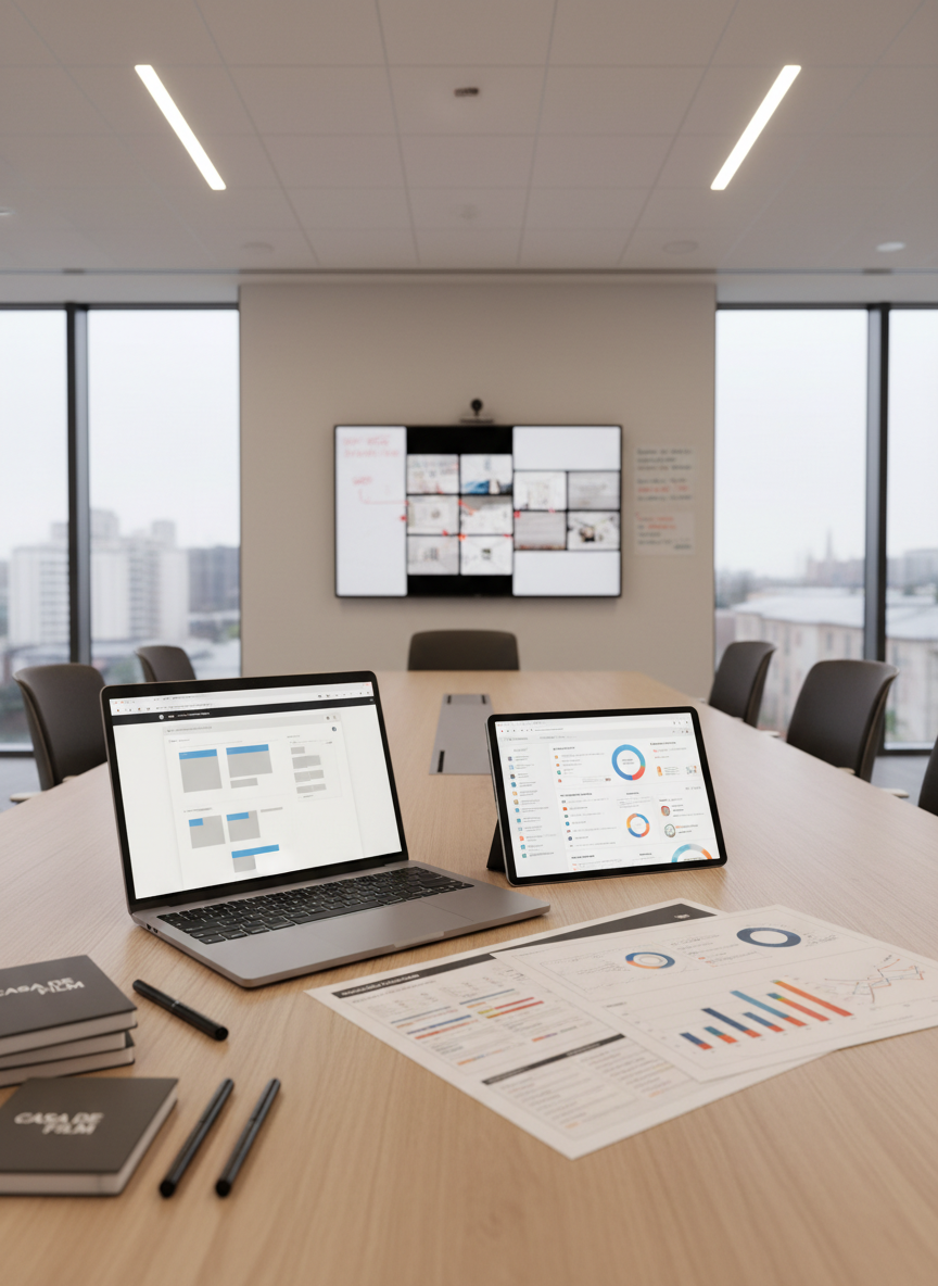 A contemporary office conference table made of light oak, meticulously organized with an open laptop showing a website wireframe, printed SEO analytics charts, and a tablet displaying a digital marketing dashboard. Small branded notebooks and pens labeled “Casa de Film” sit neatly beside them. Behind the table, a large wall-mounted screen shows a storyboard for a video campaign. Soft natural daylight filters through tall windows, complemented by discreet recessed ceiling lights, creating an even, flattering illumination. Photographed from a slightly elevated angle with sharp focus throughout, the scene feels strategic, focused, and data-driven, reflecting the comprehensive marketing solutions of a professional agency in clean photographic realism.