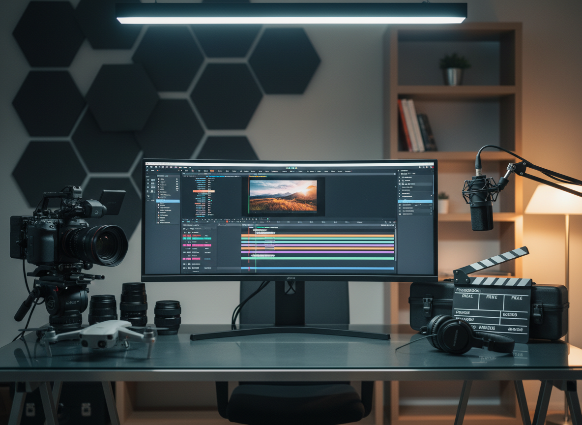 A sleek glass-and-metal workstation with a large ultra-wide monitor displaying a vibrant video editing timeline, surrounded by neatly arranged professional camera gear, a high-end microphone, and a clapperboard branded subtly with “Casa de Film.” The desk surface is a clean, matte black, set against a softly blurred background of acoustic panels and minimalist shelving. Cool, diffused studio lighting from above and a soft warm accent light from the side create gentle reflections on the metal and glass surfaces. Shot at eye level with a shallow depth of field, the composition feels balanced and modern, evoking a professional, trustworthy marketing agency aesthetic in realistic photographic style.