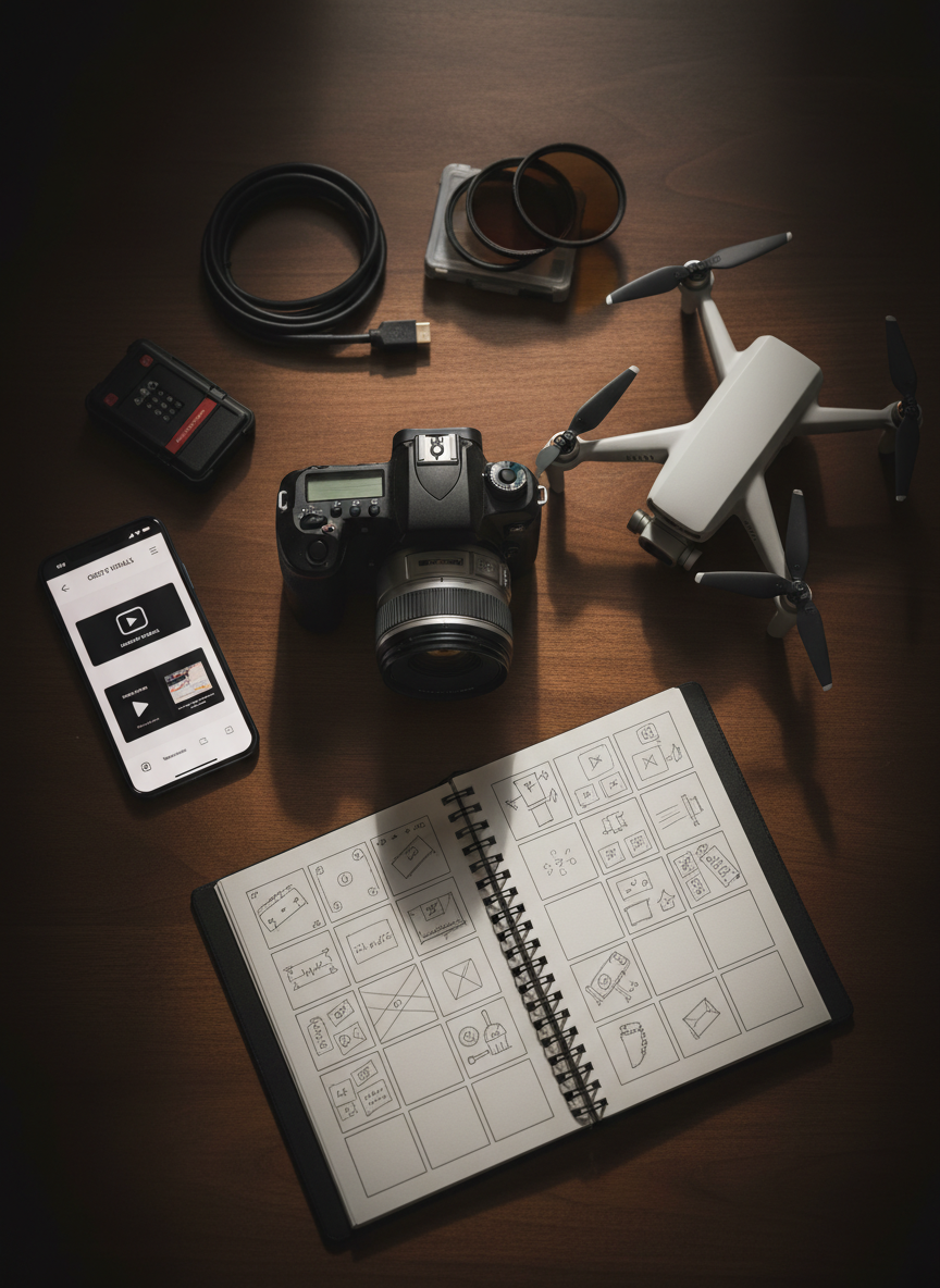 A cinematic flat-lay of a polished dark-wood desk featuring a DSLR camera with a prime lens, a compact drone, a storyboard sketchbook open to thumbnail frames, and a smartphone displaying a responsive website design. A neatly coiled HDMI cable, lens filters, and a memory card case add texture and detail around the main objects. Soft side lighting from an unseen window creates subtle highlights on the metal camera body and gentle shadows that define each item. The background falls into a tasteful vignette, emphasizing the center objects. Captured in crisp photographic realism, the mood is focused and creatively charged, symbolizing a marketing agency specializing in video production and digital presence.